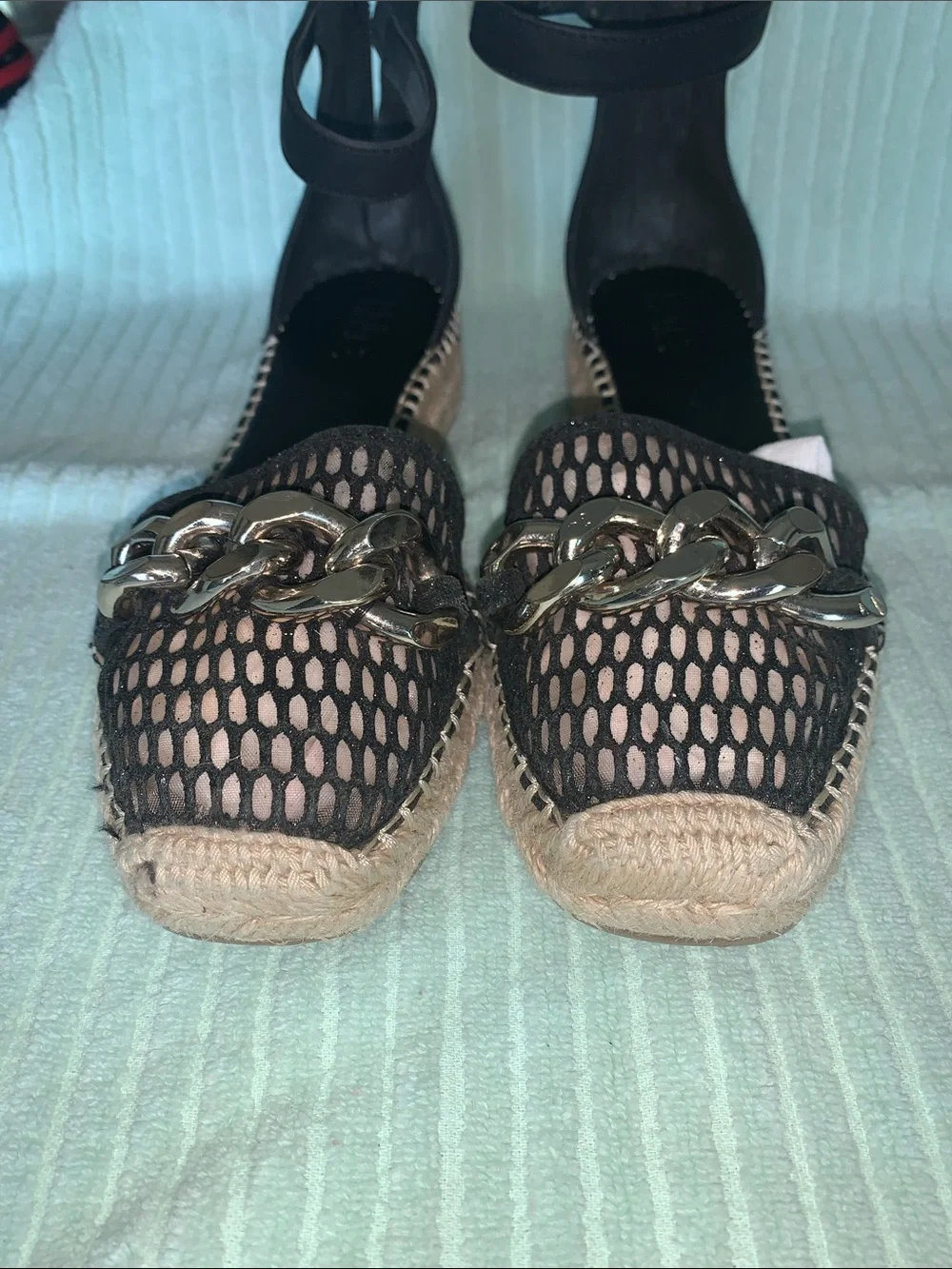 INC International Concepts Black Mesh Chain Espadrille Wedge Sandals